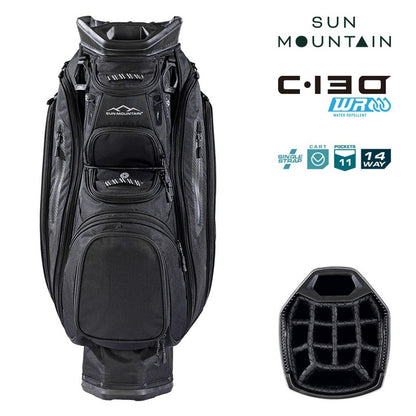 Sun Mountain C-130 Cart Bag 14-Way Golf Trolley Bag - Black - zipped pockets