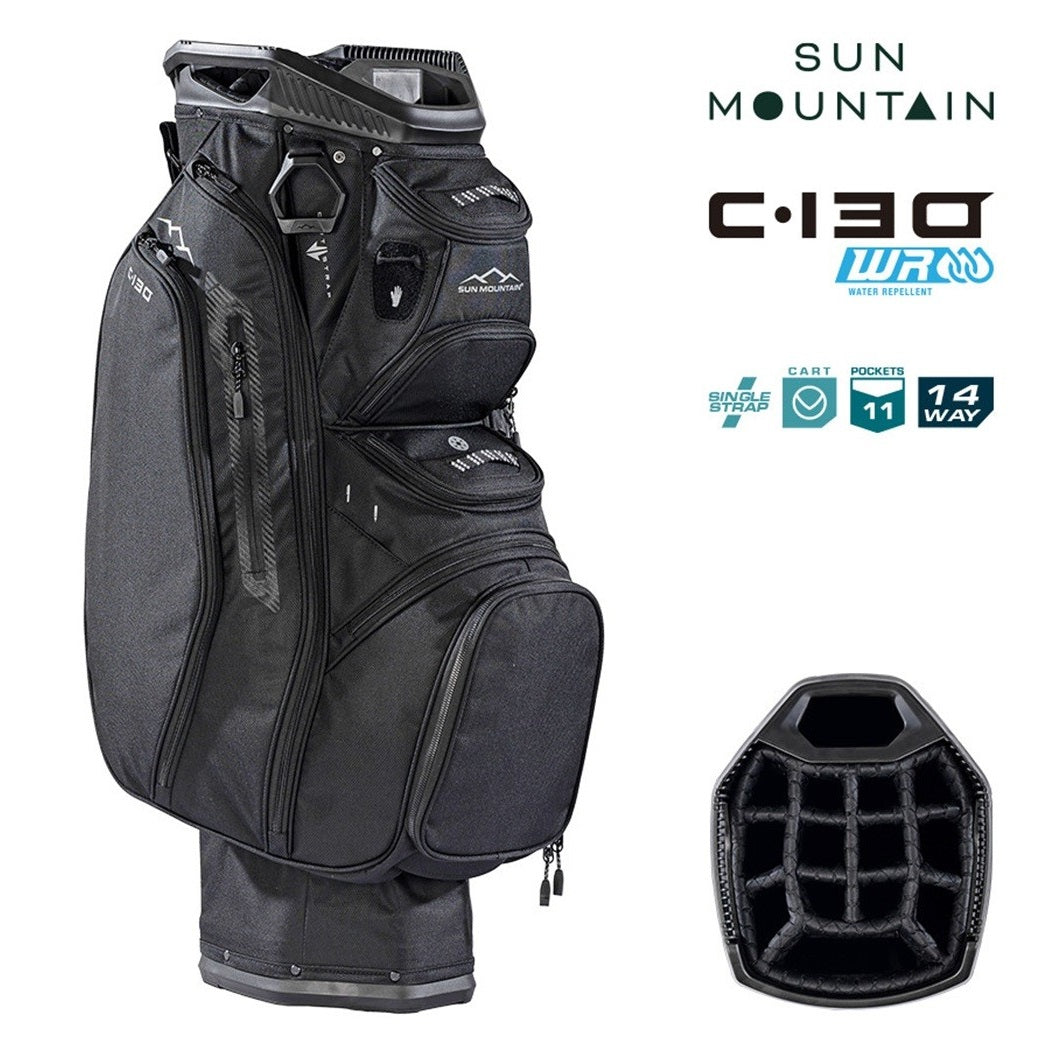 Sun Mountain C-130 Cart Bag 14-Way Golf Trolley Bag - Black - zipped storage pockets