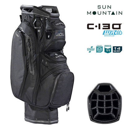 Sun Mountain C-130 Cart Bag 14-Way Golf Trolley Bag - Black - zipped storage pockets