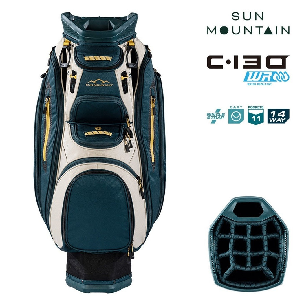 Sun Mountain C-130 Cart Bag 14-Way Golf Trolley Bag - Black/Pond/Sand - zipped pockets
