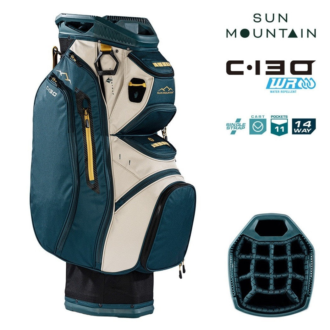 Sun Mountain C-130 Cart Bag 14-Way Golf Trolley Bag - Black/Pond/Sand - zipped storage pockets