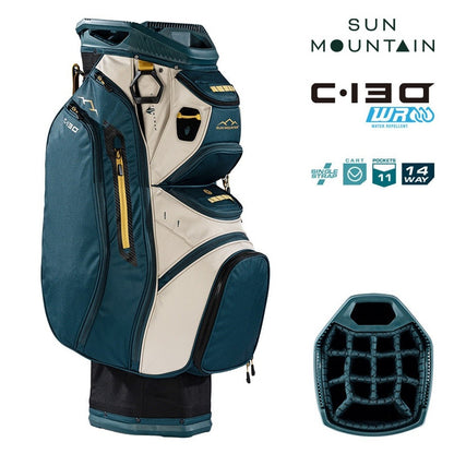 Sun Mountain C-130 Cart Bag 14-Way Golf Trolley Bag - Black/Pond/Sand - zipped storage pockets
