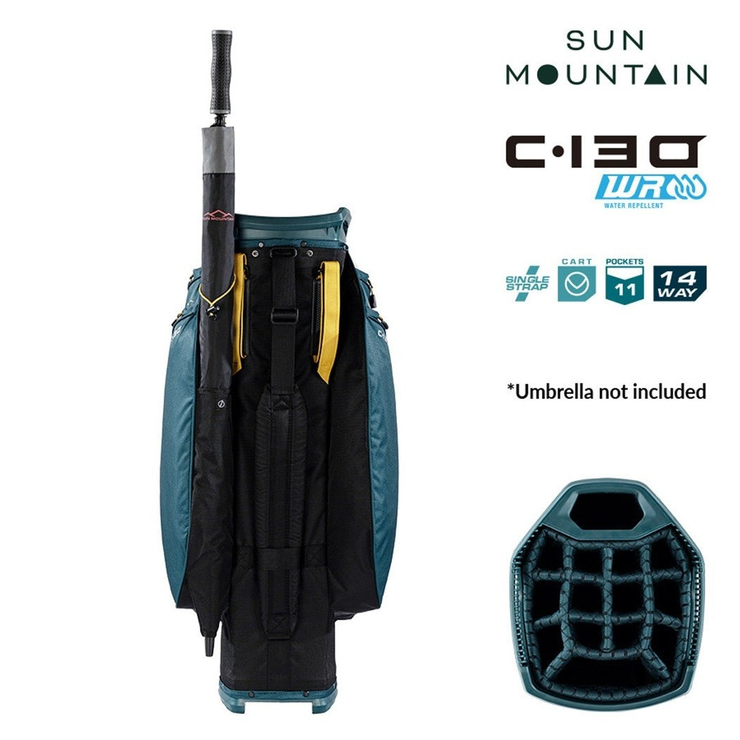 Sun Mountain C-130 Cart Bag 14-Way Golf Trolley Bag - Black/Pond/Sand - rear view with carry strap