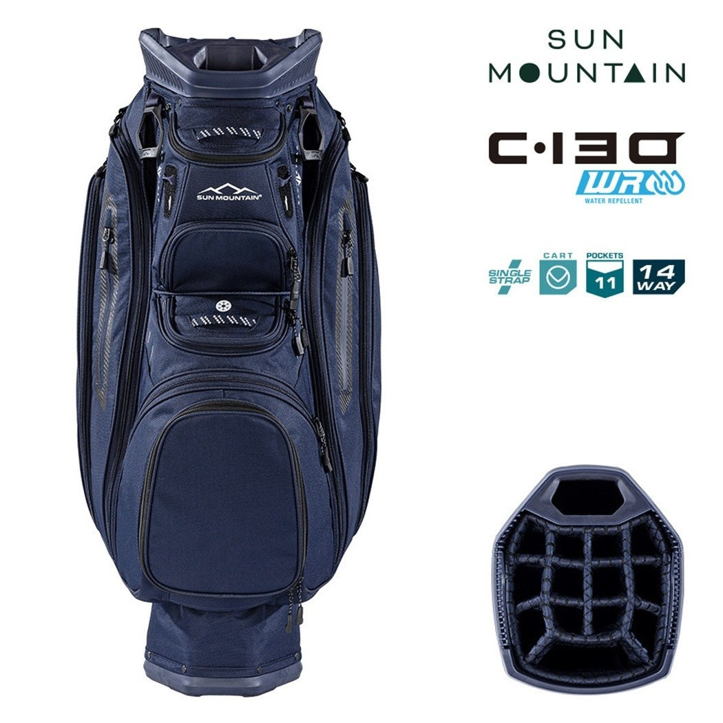 Sun Mountain C-130 Cart Bag 14-Way Golf Trolley Bag - Navy - zipped pockets