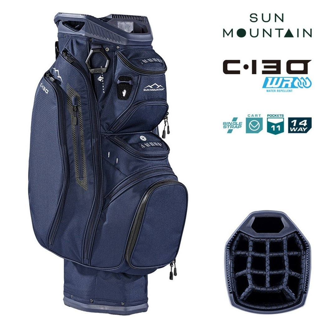 Sun Mountain C-130 Cart Bag 14-Way Golf Trolley Bag - Navy - zipped storage pockets