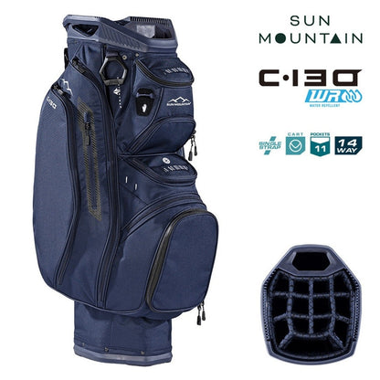 Sun Mountain C-130 Cart Bag 14-Way Golf Trolley Bag - Navy - zipped storage pockets