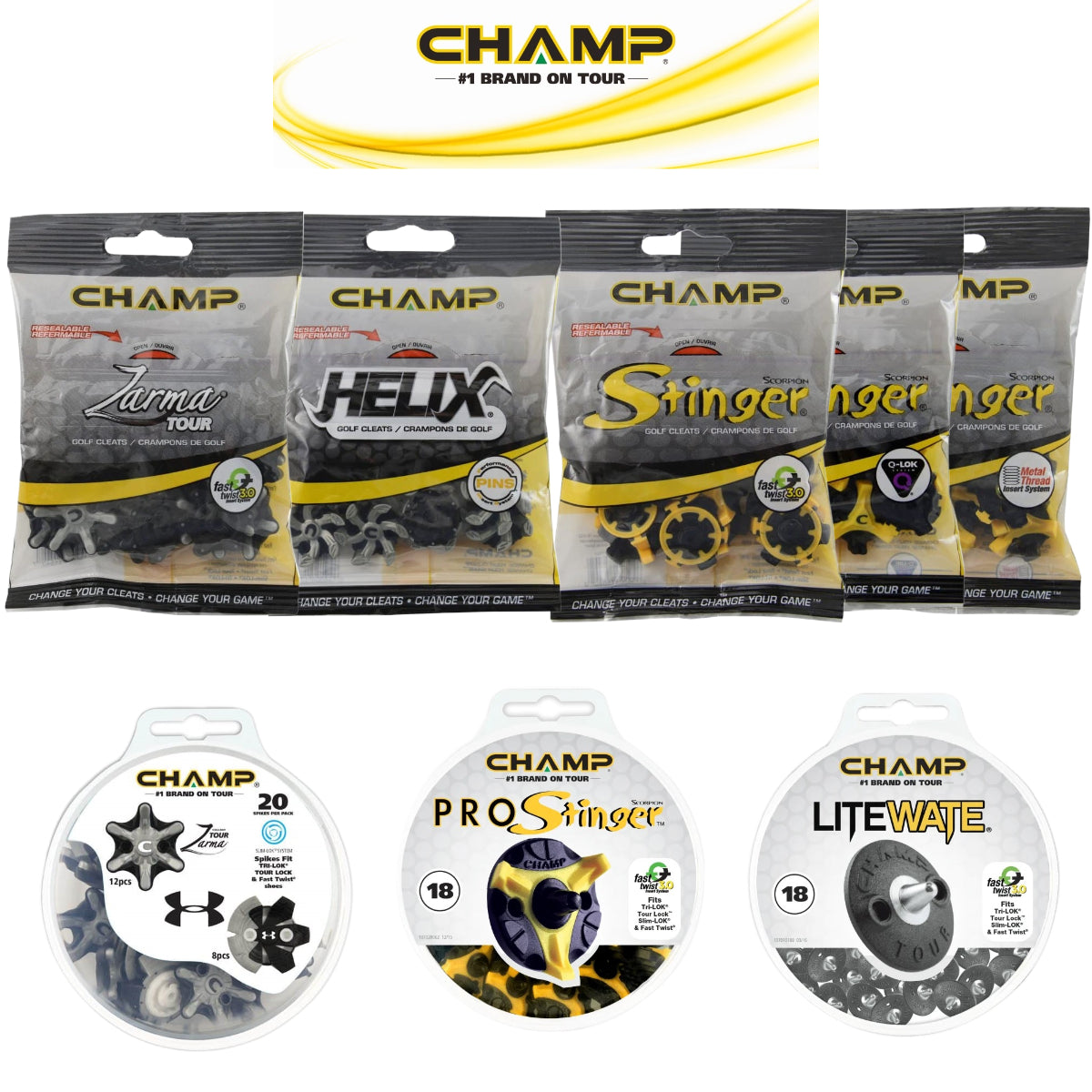 Champ Golf Shoe Spikes / Cleats - Stinger, Helix, Zarma - FT3.0, QLok, Pins, 6mm