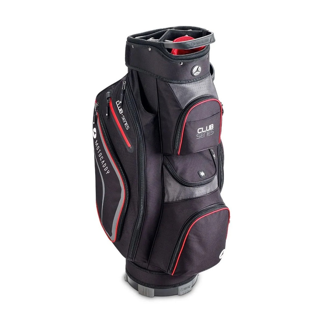 Motocaddy Club Series 2026 golf trolley bag Black/Red front view with pockets