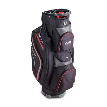 Motocaddy Club Series 2026 golf trolley bag Black/Red front view with pockets