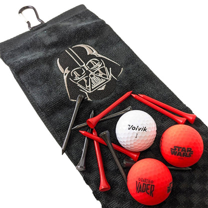 Volvik Star Wars Darth Vader Golf Ball, Towel & Tee Gift Set -  showing balls, tees and towel with its carabiner
