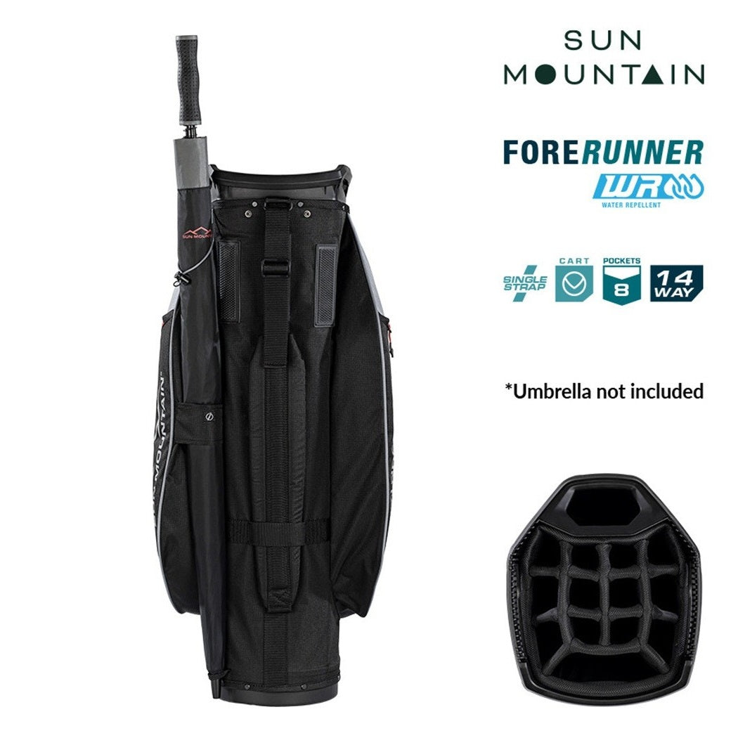 Sun Mountain ForeRunner 14-Way Cart Golf Bag - Black/Nickel/Red - rear view with carry strap