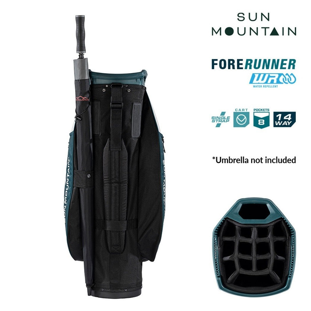 Sun Mountain ForeRunner 14-Way Cart Golf Bag - Black/Pond/Sand - rear view with carry strap