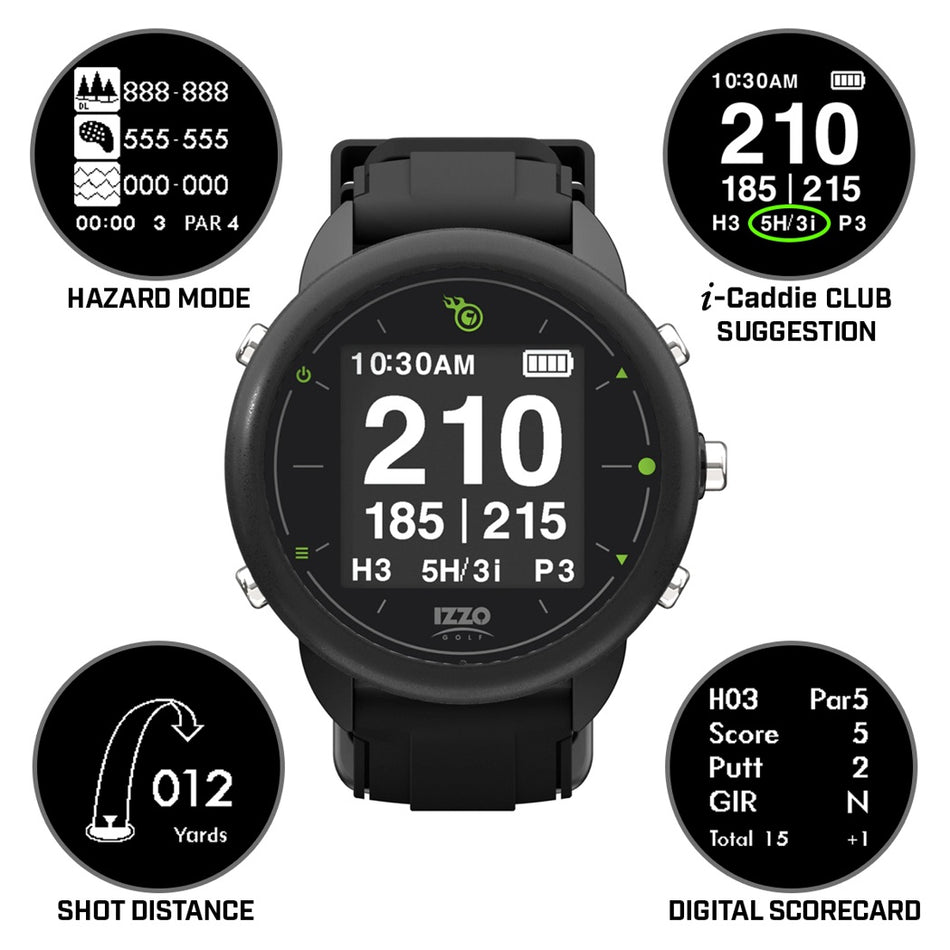 IZZO Swami GPS Golf Watch - screen views and functions