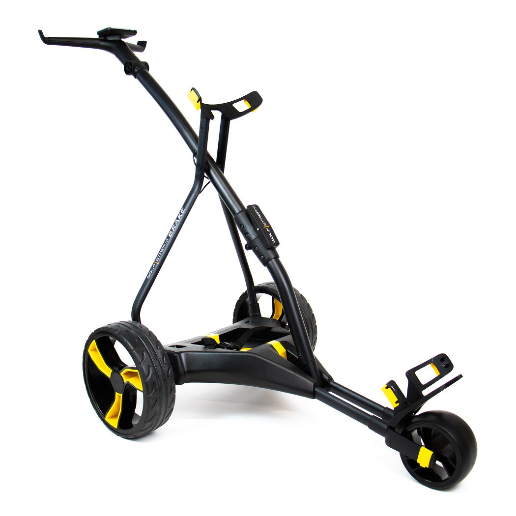 Golfstream GX5 Electric Trolley - Black/Yellow - front view, with bag holders