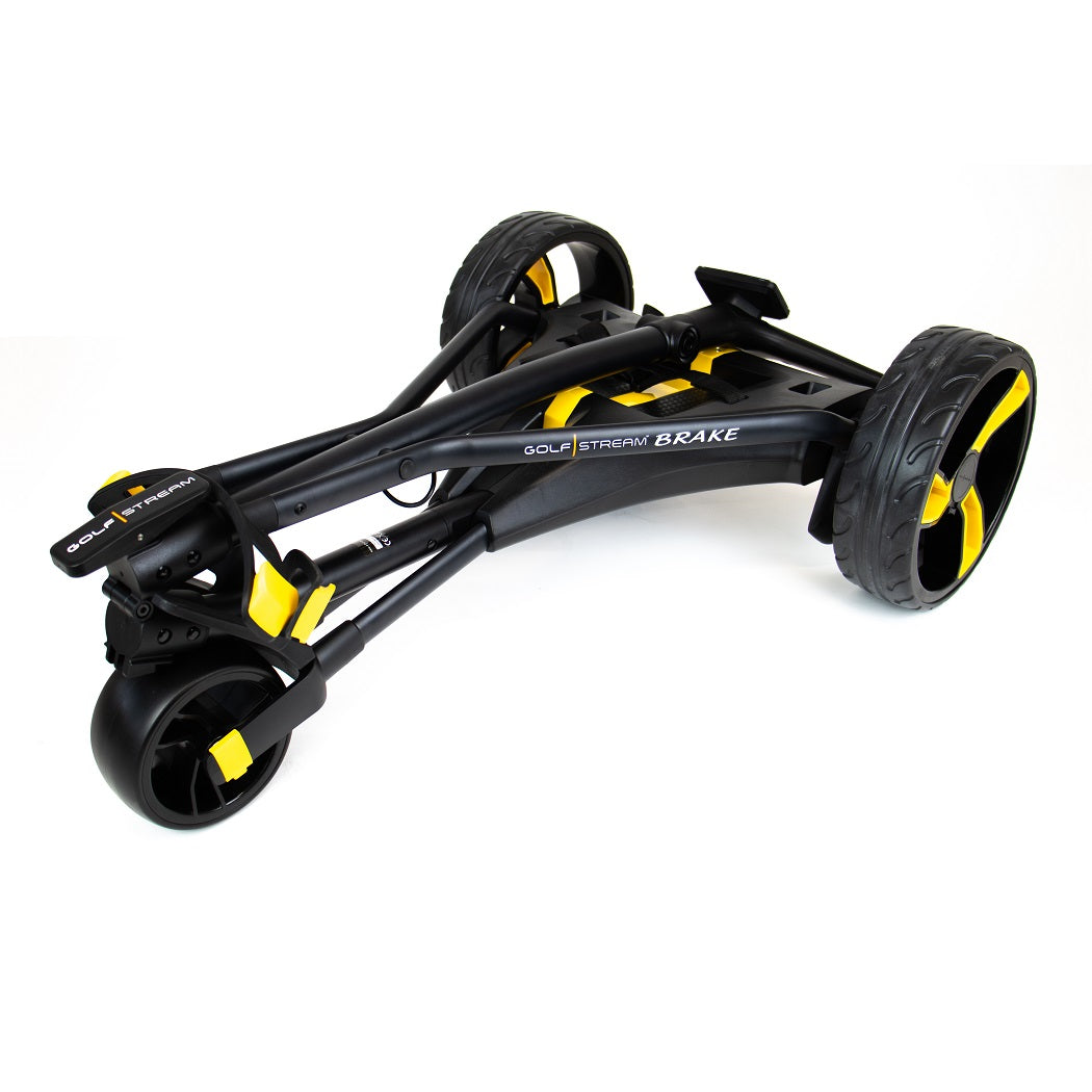 Golfstream GX5 Electric Trolley - Black/Yellow - front view, fully folded