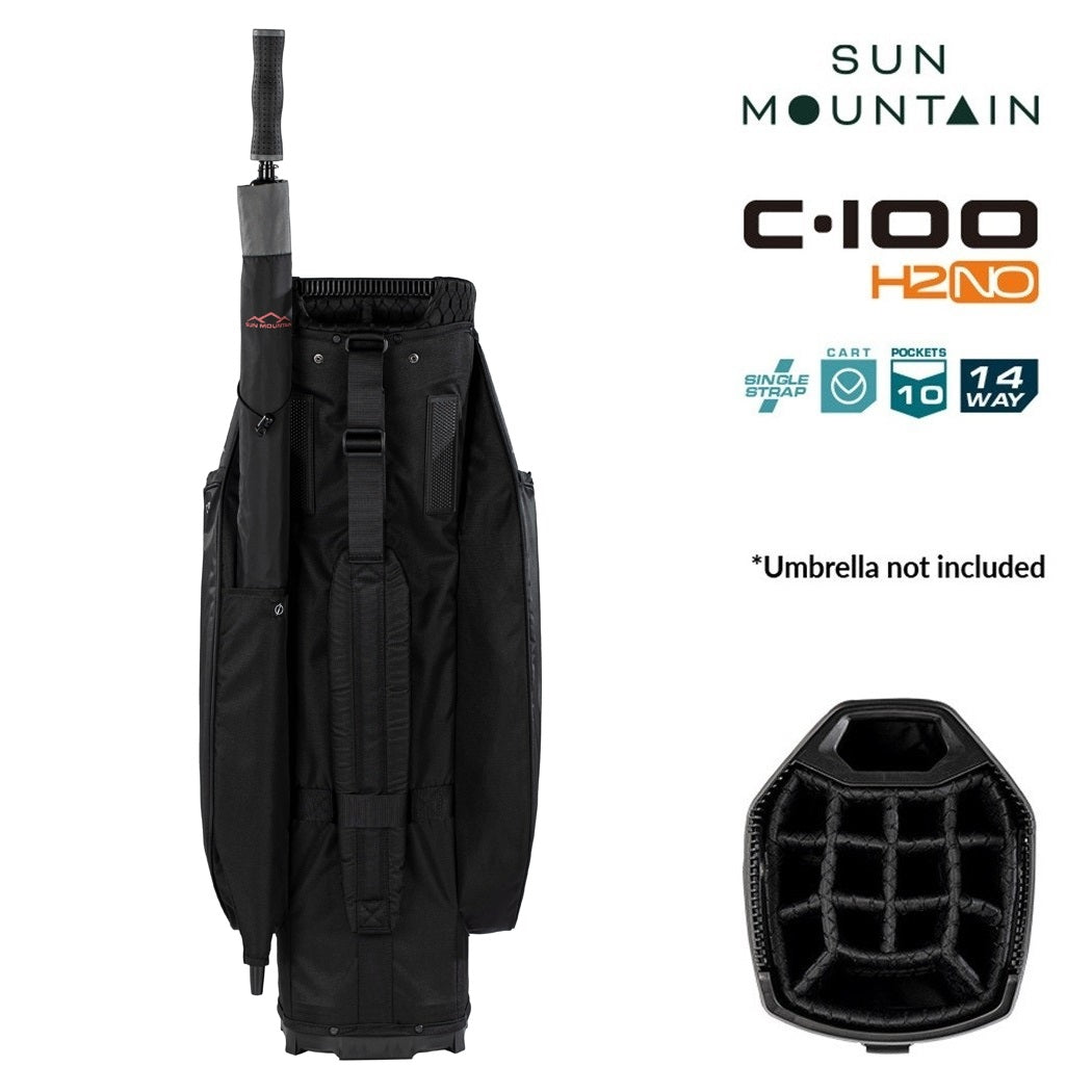 Sun Mountain H2NO C-100 Waterproof 14-Way Trolley Golf Bag - Black - rear view with carry strap