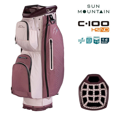 Sun Mountain H2NO C-100 Waterproof 14-Way Trolley Golf Bag - Mauve/Powder/Wine - with features