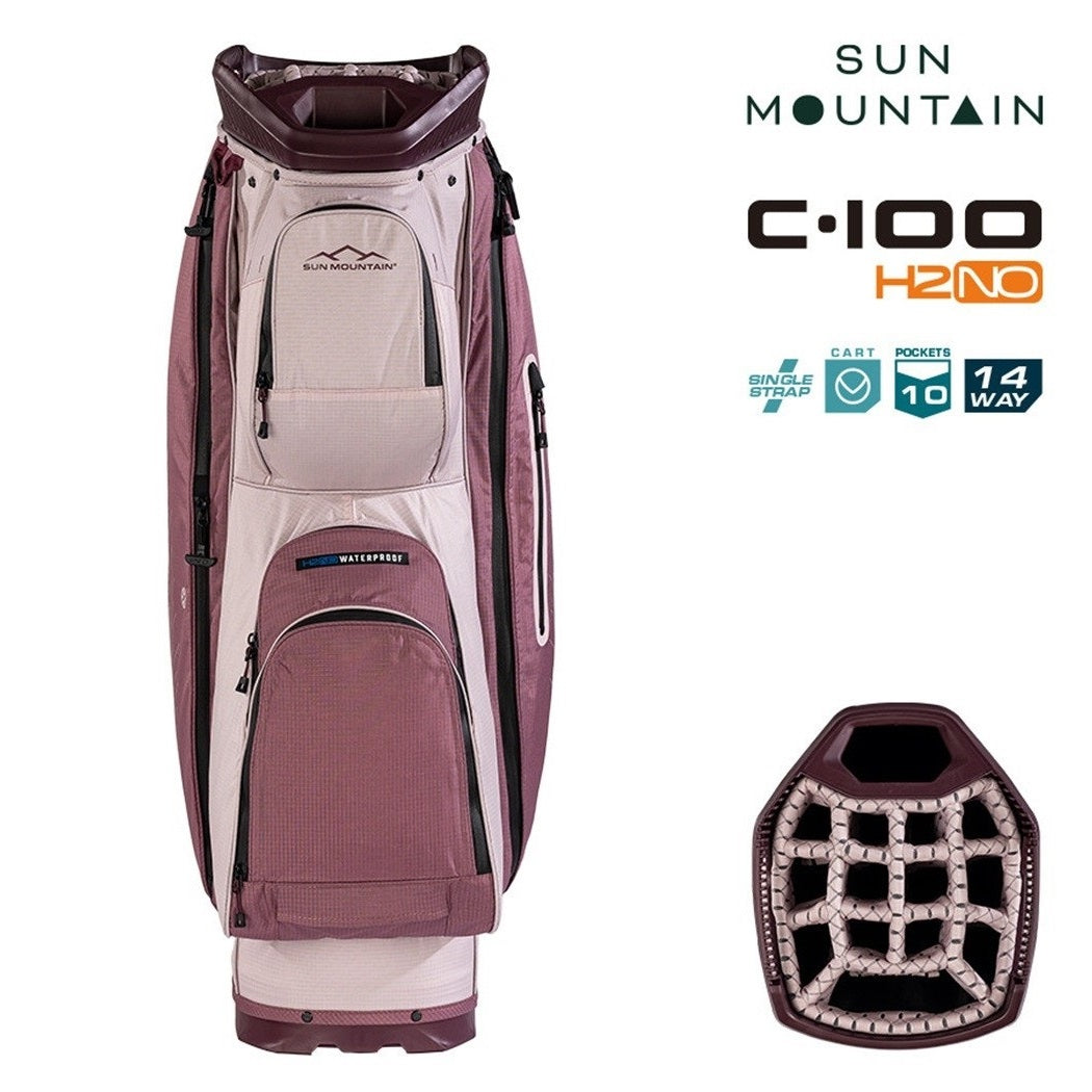 Sun Mountain H2NO C-100 Waterproof 14-Way Trolley Golf Bag - Mauve/Powder/Wine - zipped pockets and divider