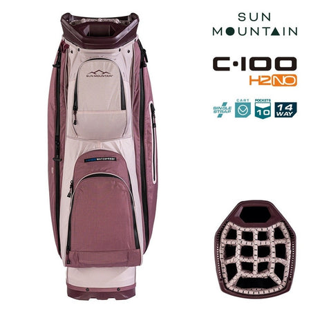 Sun Mountain H2NO C-100 Waterproof 14-Way Trolley Golf Bag - Mauve/Powder/Wine - zipped pockets and divider