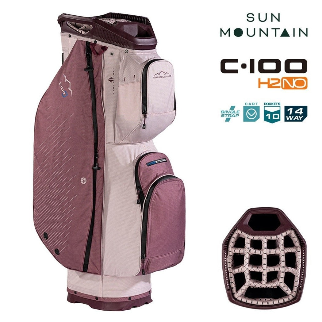 Sun Mountain H2NO C-100 14-Way Waterproof Cart Golf Bag - Mauve/Powder/Wine - storage pockets