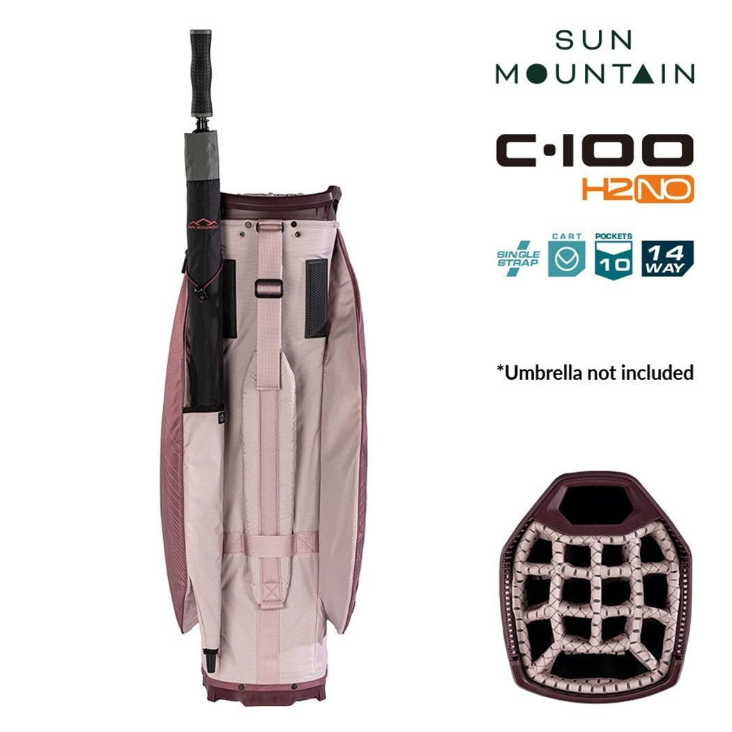 Sun Mountain H2NO C-100 Waterproof 14-Way Trolley Golf Bag - Mauve/Powder/Wine - rear view with carry strap