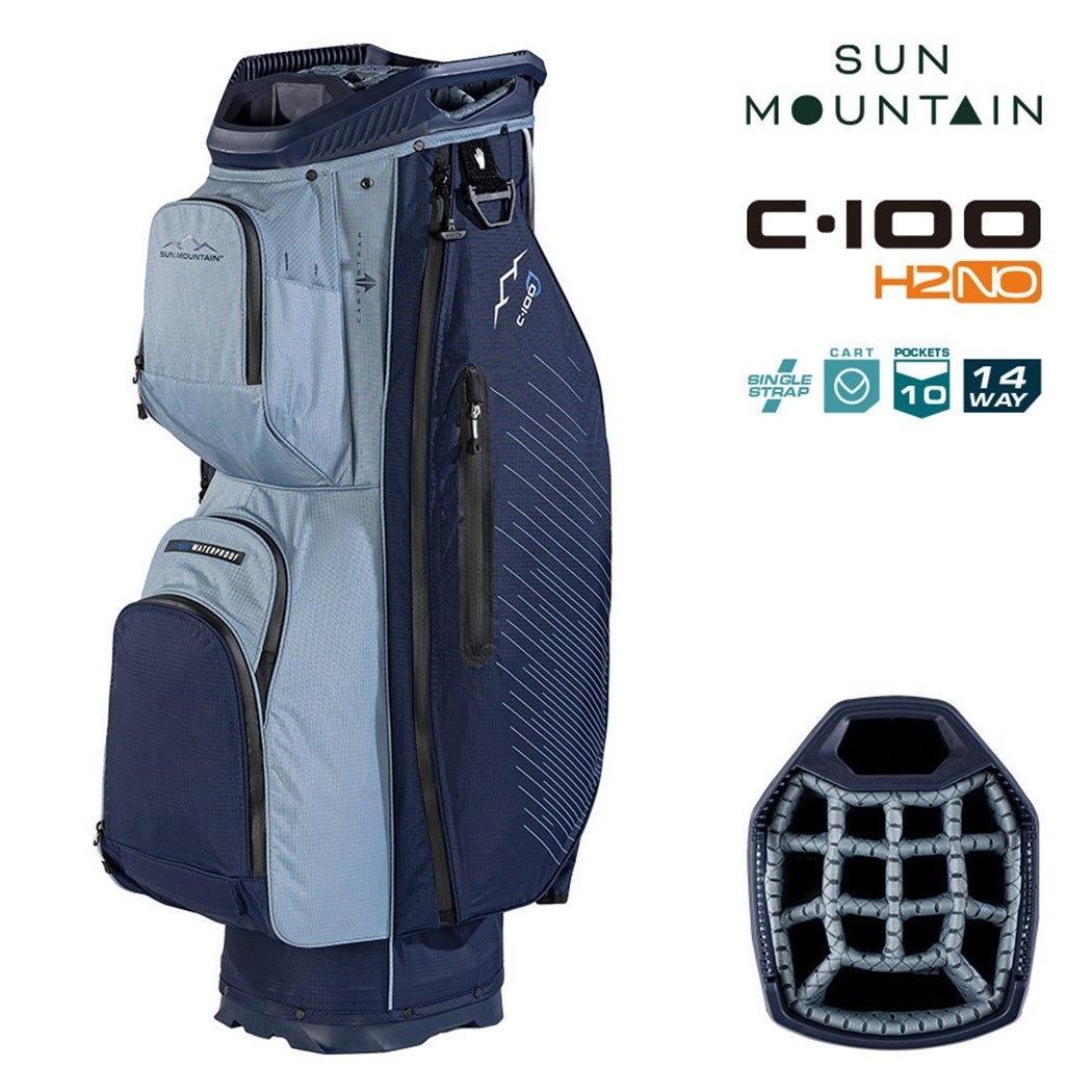 Sun Mountain H2NO C-100 14-Way Waterproof Cart Golf Bag - Navy/Ash/Powder - with features