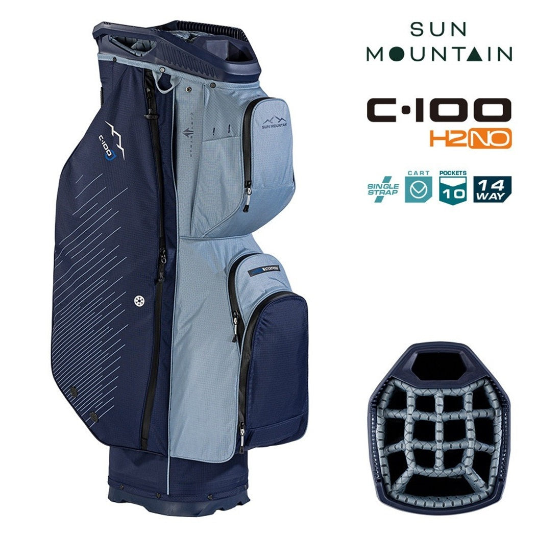 Sun Mountain H2NO C-100 14-Way Waterproof Cart Golf Bag - Navy/Ash/Powder - storage pockets