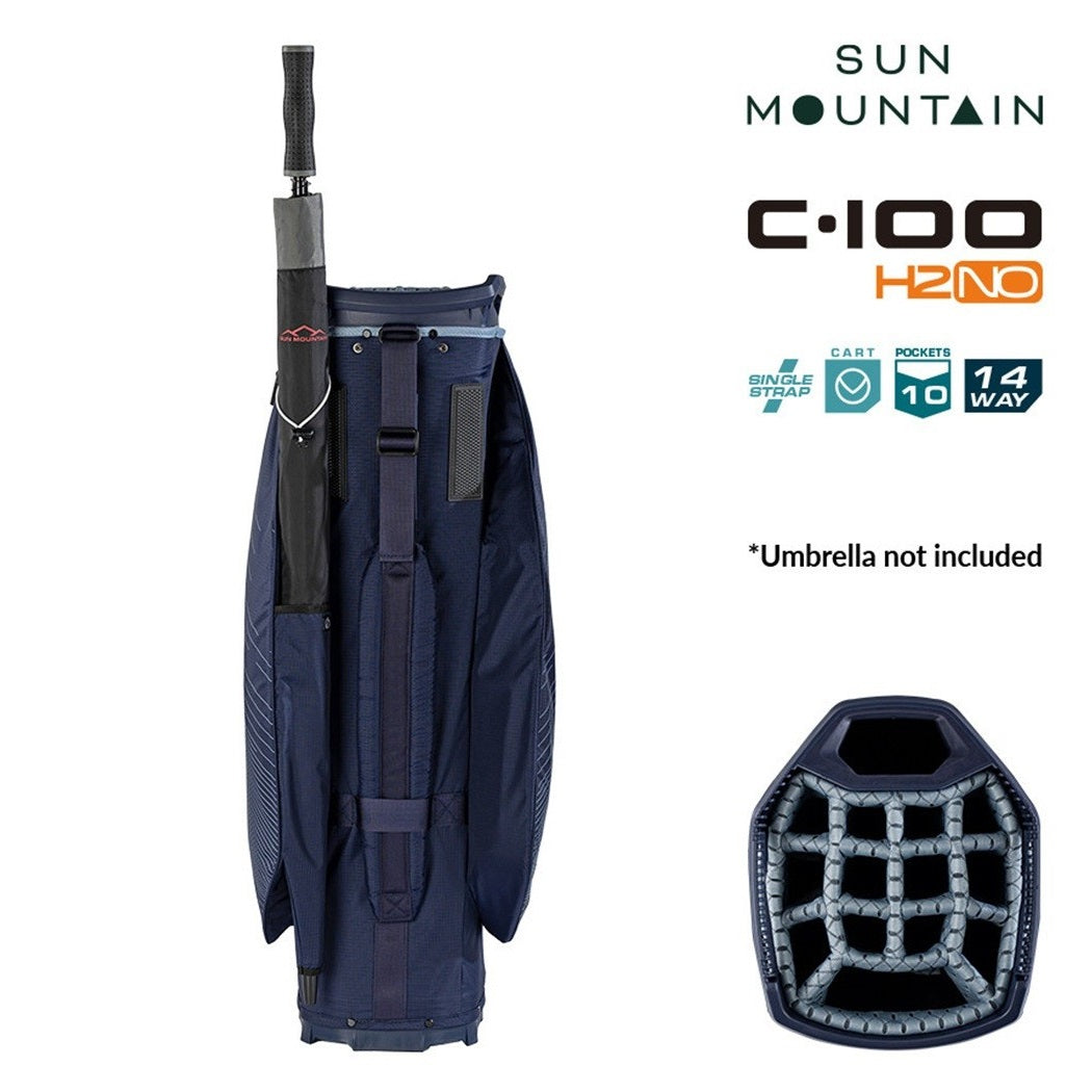 Sun Mountain H2NO C-100 14-Way Waterproof Cart Golf Bag - Navy/Ash/Powder - rear view with carry strap