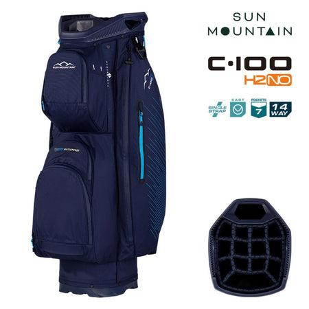 Sun Mountain H2NO C-100 Waterproof 14-Way Trolley Golf Bag - Navy/Ice Blue - with features