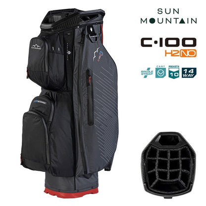 Sun Mountain H2NO C-100 14-Way Waterproof Cart Golf Bag - Steel/Black/Red - with features