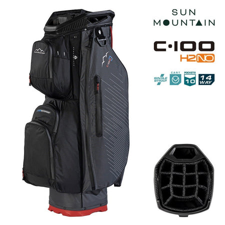 Sun Mountain H2NO C-100 Waterproof 14-Way Trolley Golf Bag - Steel/Black/Red - with features