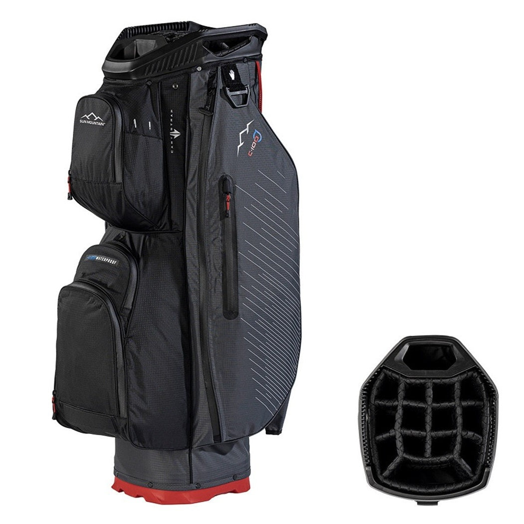 Sun Mountain H2NO C-100 Waterproof 14-Way Trolley Golf Bag - Steel/Black/Red - with divider