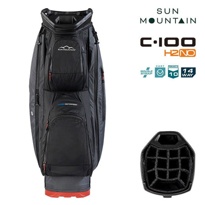 Sun Mountain H2NO C-100 14-Way Waterproof Cart Golf Bag - Steel/Black/Red - zipped pockets and divider