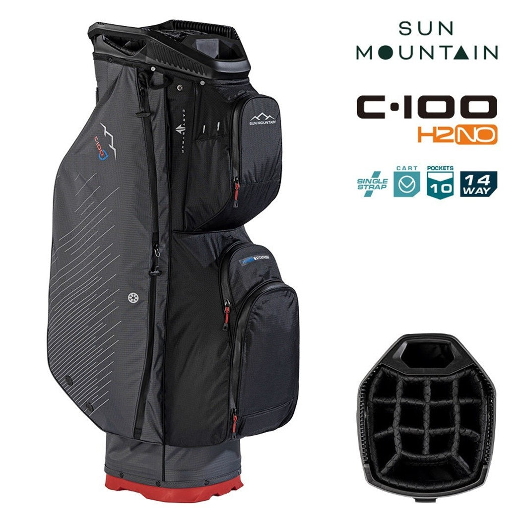 Sun Mountain H2NO C-100 14-Way Waterproof Cart Golf Bag - Steel/Black/Red - storage pockets