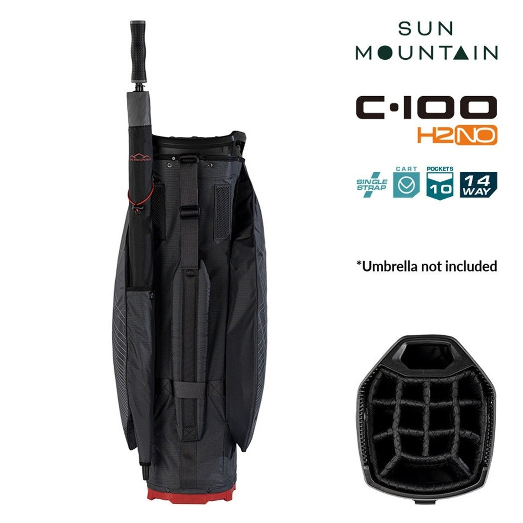 Sun Mountain H2NO C-100 Waterproof 14-Way Trolley Golf Bag - Steel/Black/Red - rear view with carry strap