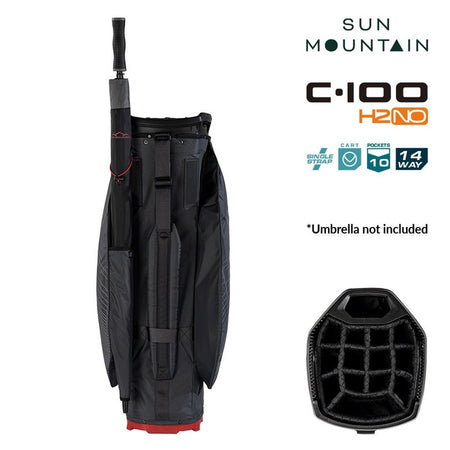Sun Mountain H2NO C-100 Waterproof 14-Way Trolley Golf Bag - Steel/Black/Red - rear view with carry strap