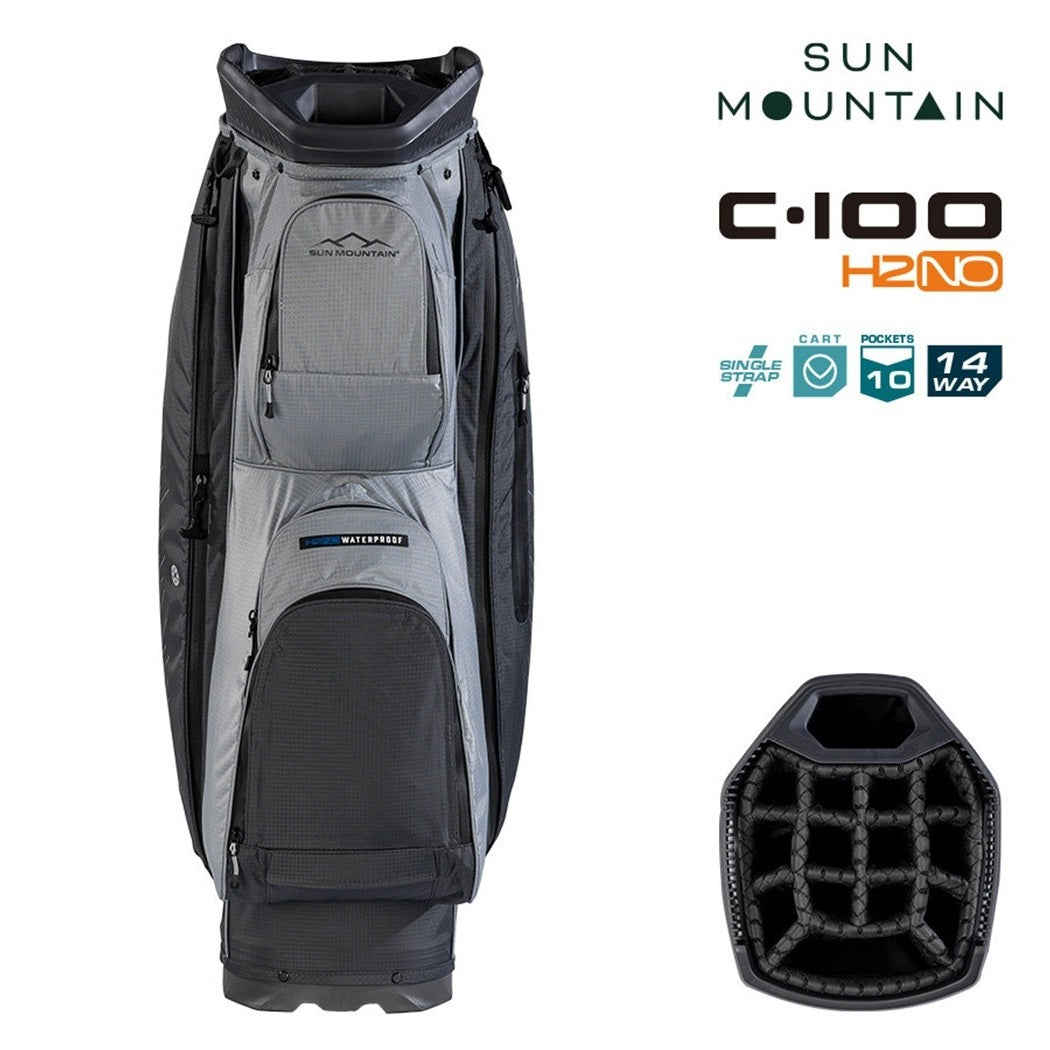 Sun Mountain H2NO C-100 Waterproof 14-Way Trolley Golf Bag - Steel/Cadet - zipped pockets and divider