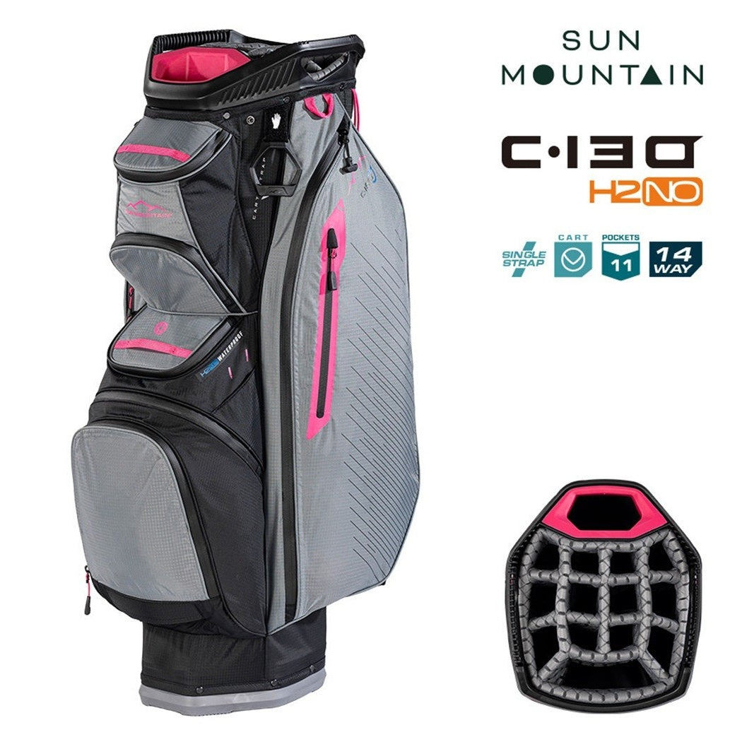 Sun Mountain H2NO C-130 Waterproof 14-Way Trolley Golf Bag - Black/Nickel/Pink - with features