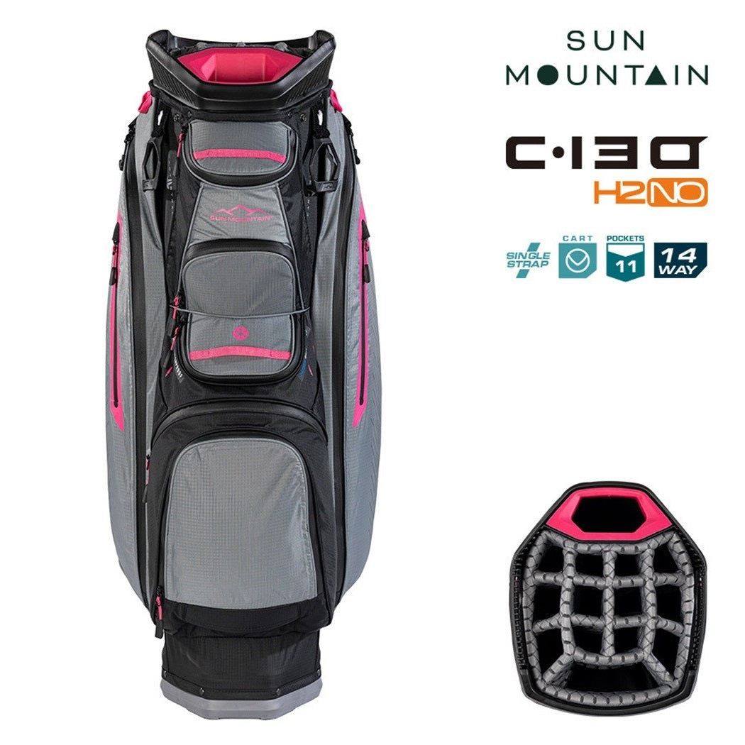 Sun Mountain H2NO C-130 Waterproof 14-Way Trolley Golf Bag - Black/Nickel/Pink - zipped pockets