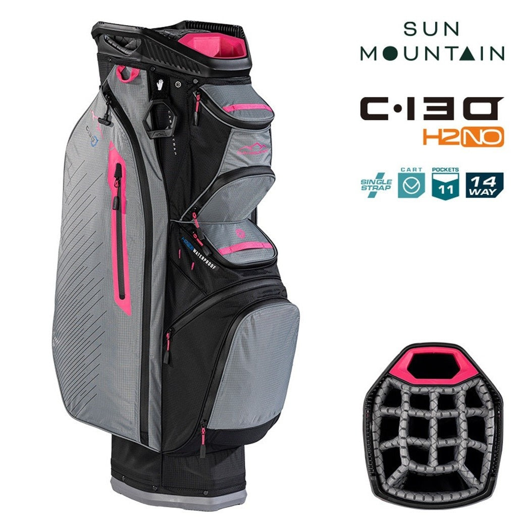 Sun Mountain H2NO C-130 Waterproof 14-Way Trolley Golf Bag - Black/Nickel/Pink - zipped storage pockets