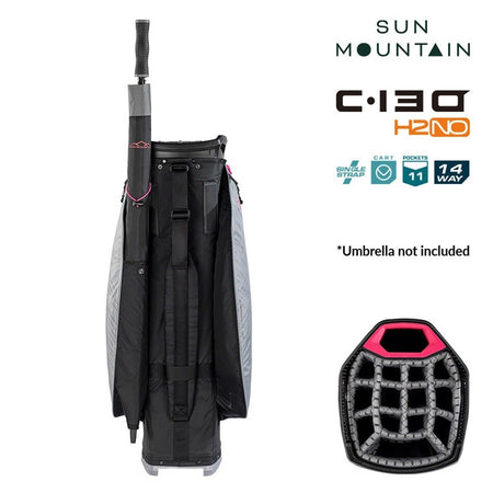 Sun Mountain H2NO C-130 Waterproof 14-Way Trolley Golf Bag - Black/Nickel/Pink - rear view with carry strap