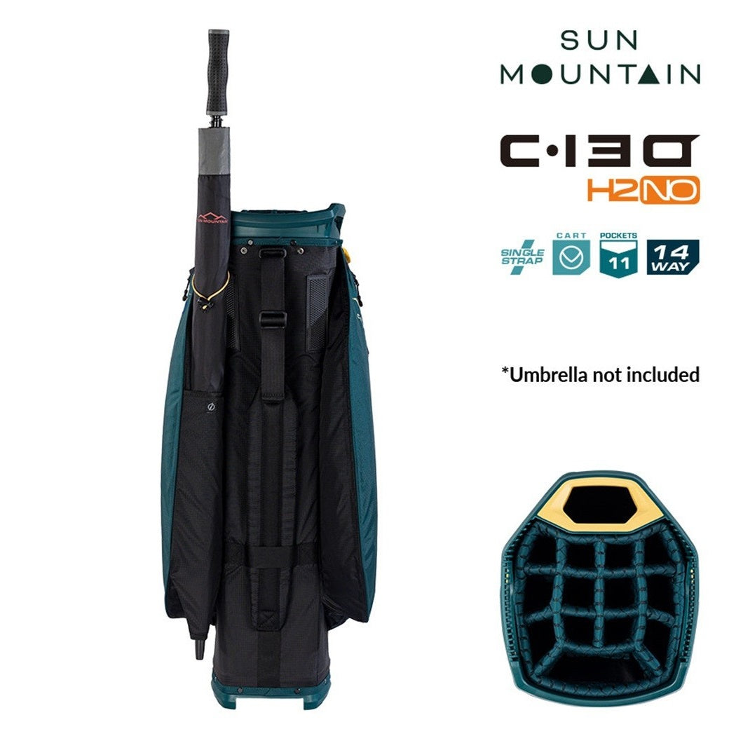 Sun Mountain H2NO C-130 Cart/Trolley Bag 14-Way - Black/Pond/Sand - rear view with carry strap