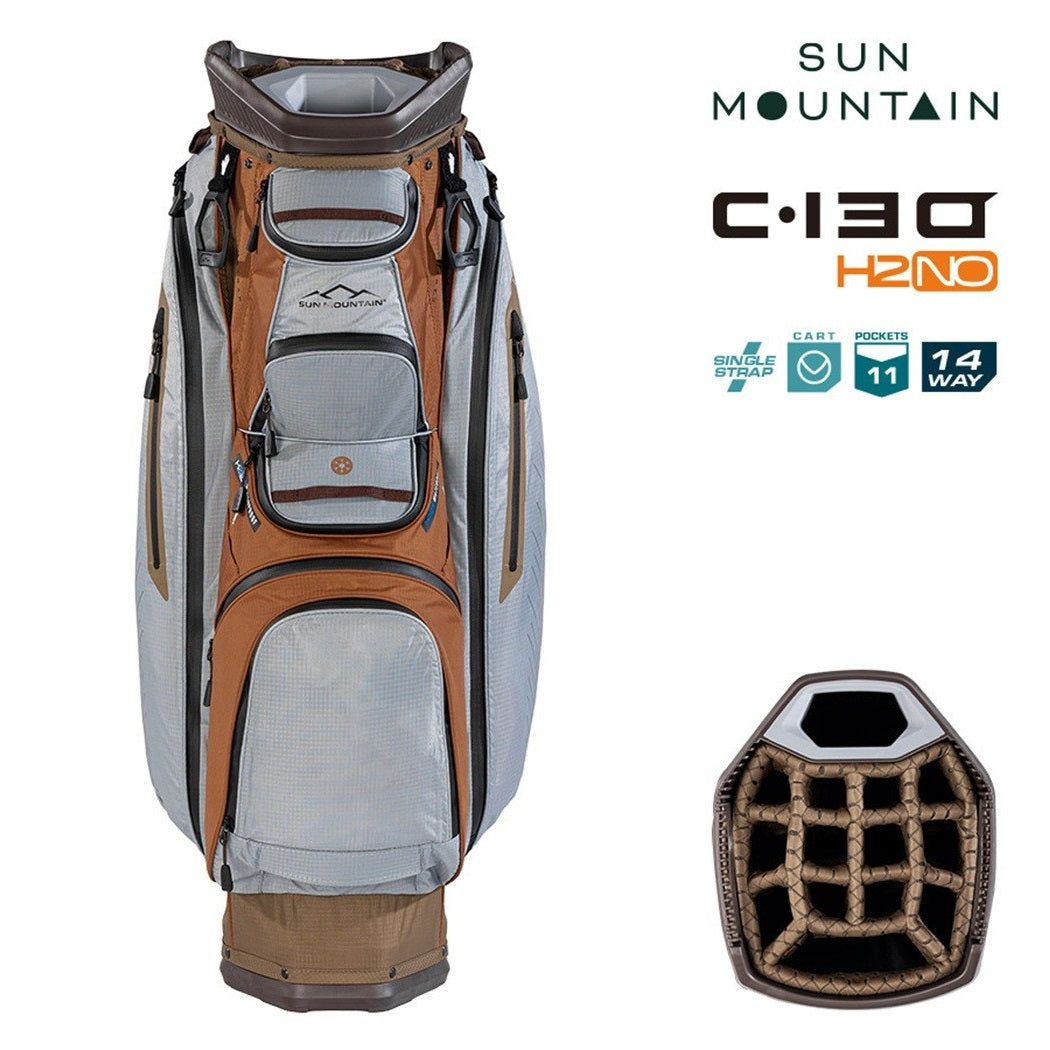 Sun Mountain H2NO C-130 Waterproof 14-Way Trolley Golf Bag - Leather/Shadow/Otter - zipped pockets