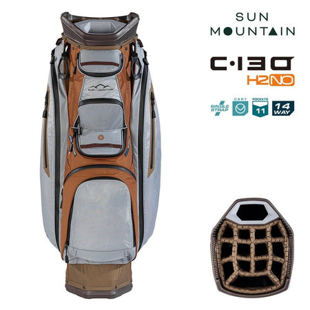 Sun Mountain H2NO C-130 Waterproof 14-Way Trolley Golf Bag - Leather/Shadow/Otter - zipped pockets