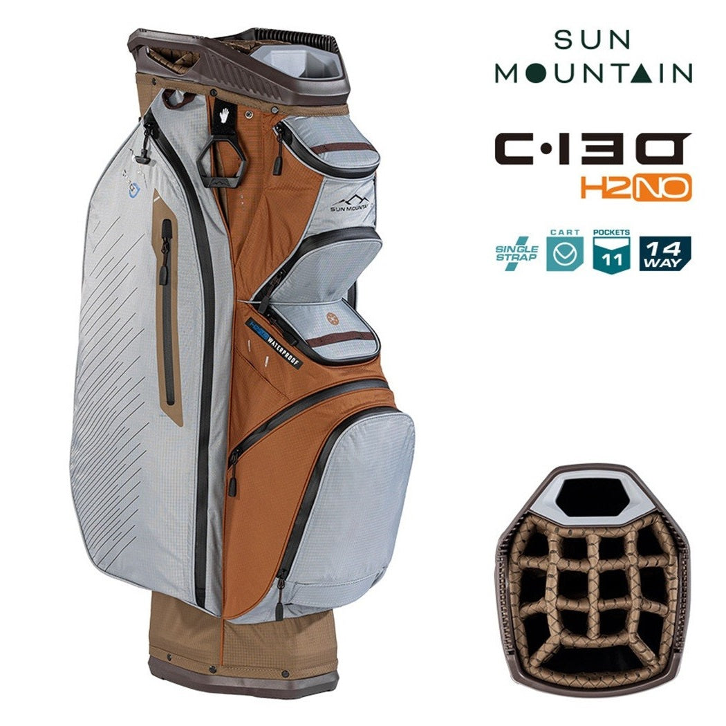 Sun Mountain H2NO C-130 Waterproof 14-Way Trolley Golf Bag - Leather/Shadow/Otter - zipped storage pockets