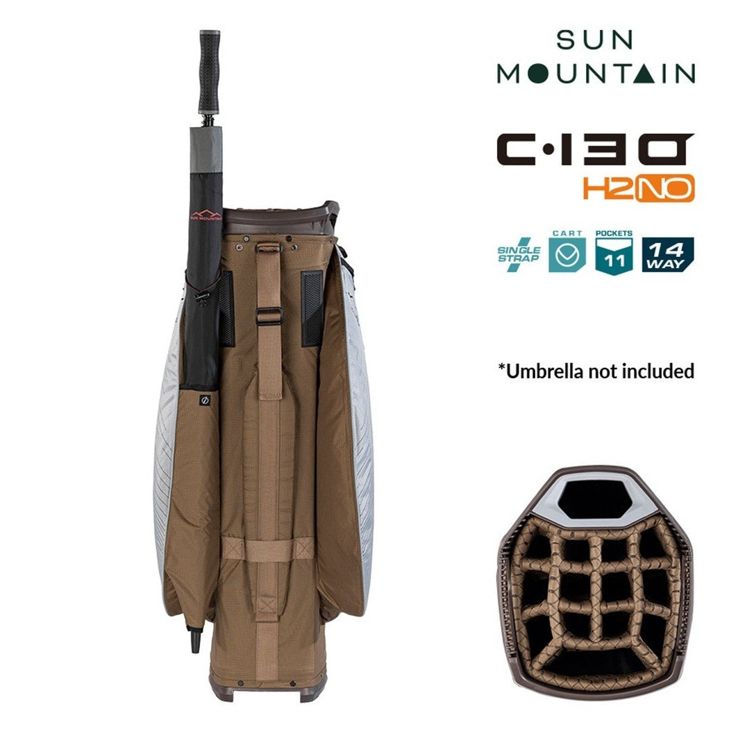 Sun Mountain H2NO C-130 Waterproof 14-Way Trolley Golf Bag - Leather/Shadow/Otter - rear view with carry strap
