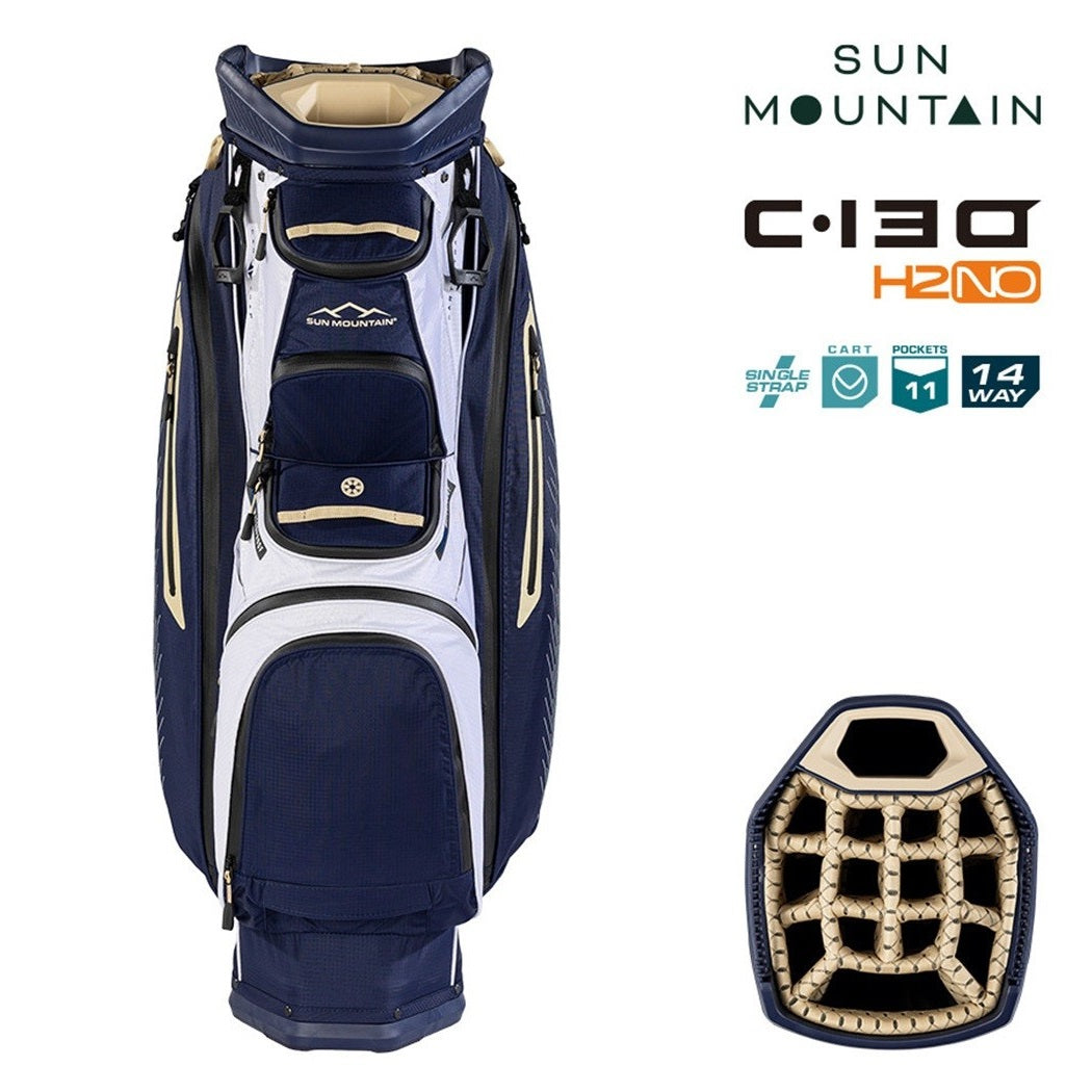 Sun Mountain H2NO C-130 Cart/Trolley Bag 14-Way - Navy/Gold/White - zipped pockets