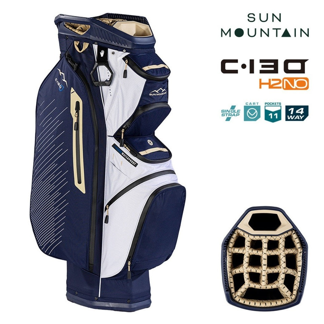 Sun Mountain H2NO C-130 Cart/Trolley Bag 14-Way - Navy/Gold/White - zipped storage pockets