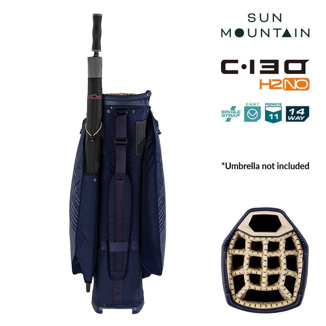 Sun Mountain H2NO C-130 Cart/Trolley Bag 14-Way - Navy/Gold/White - rear view with carry strap
