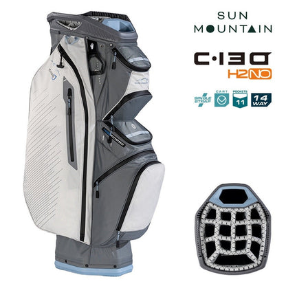 Sun Mountain H2NO C-130 Cart/Trolley Bag 14-Way - Nickel/Platinum/Ash - zipped storage pockets